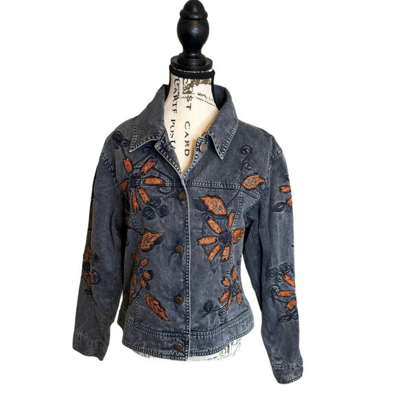 Christopher & Banks boho denim floral Embroidered Jean Jacket Womens Medium EUC - Picture 6 of 8